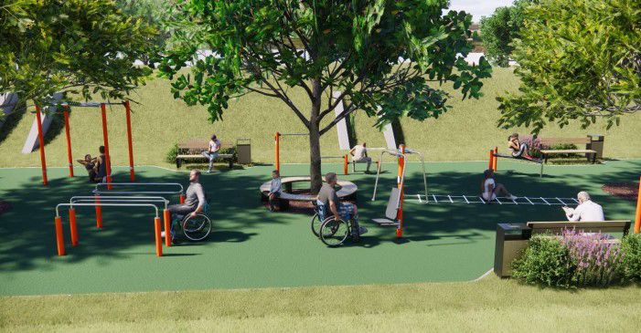 3D model vanjskog parka za vježbanje s inkluzivnom opremom i korisnicima.