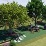 3D računalni prikaz modernog vanjskog vježbališta s opremom za fitness i drvećem.