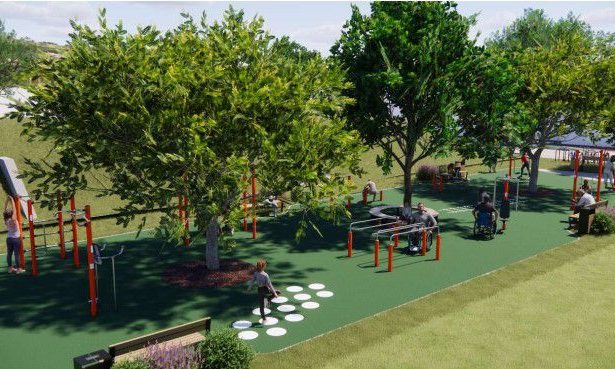 3D računalni prikaz modernog vanjskog vježbališta s opremom za fitness i drvećem.