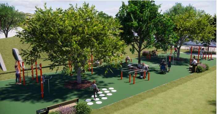 3D računalni prikaz modernog vanjskog vježbališta s opremom za fitness i drvećem.